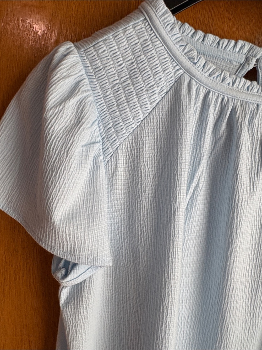 LOFT Pale Blue Ruffled Crewneck Short Sleeve Blouse - Picture 2 of 6